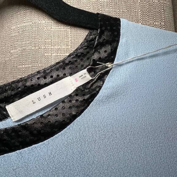 Lush Light Blue Top with Faux Leather Mesh Sleeves - Picture 3 of 6